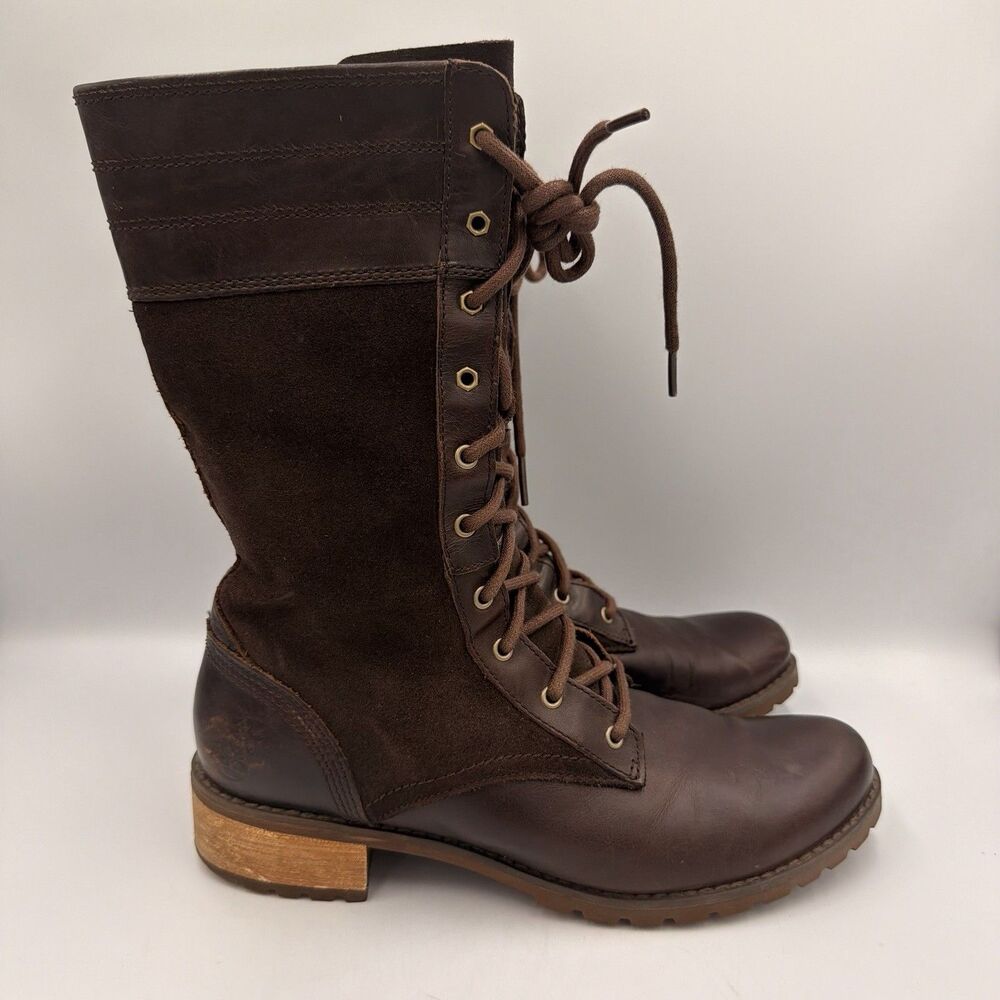 Timberland Brown Mid Calf Leather Suede Combat Boots Lace Up Zip Rugged Womens 8